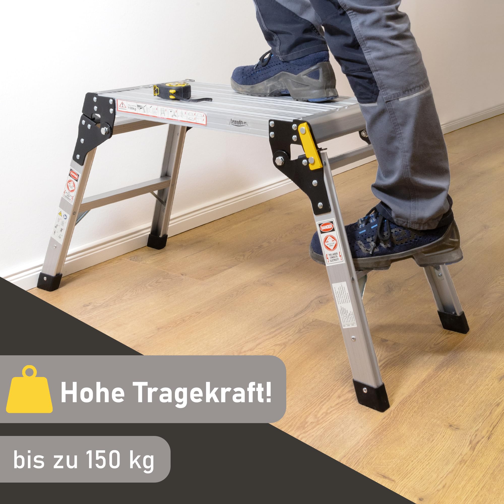 LEMODO Arbeitsplattform | Arbeitsbühne mit Antirutsch-Oberfläche 51 x 30 cm | Laufbühne bis zu 150 kg belastbar | Aluleiter mit 2 Stufen | Plattformleiter