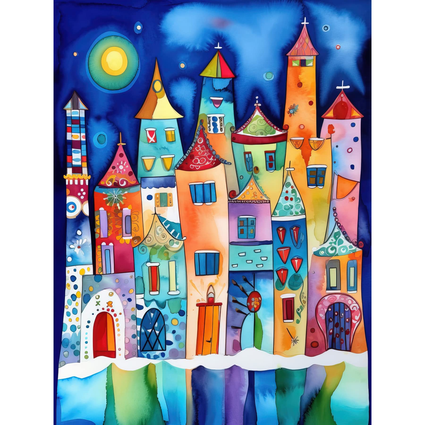 Artery8 Midnight Abstract Town Folk Art Art Print Canvas Premium Wall Decor Poster Mural