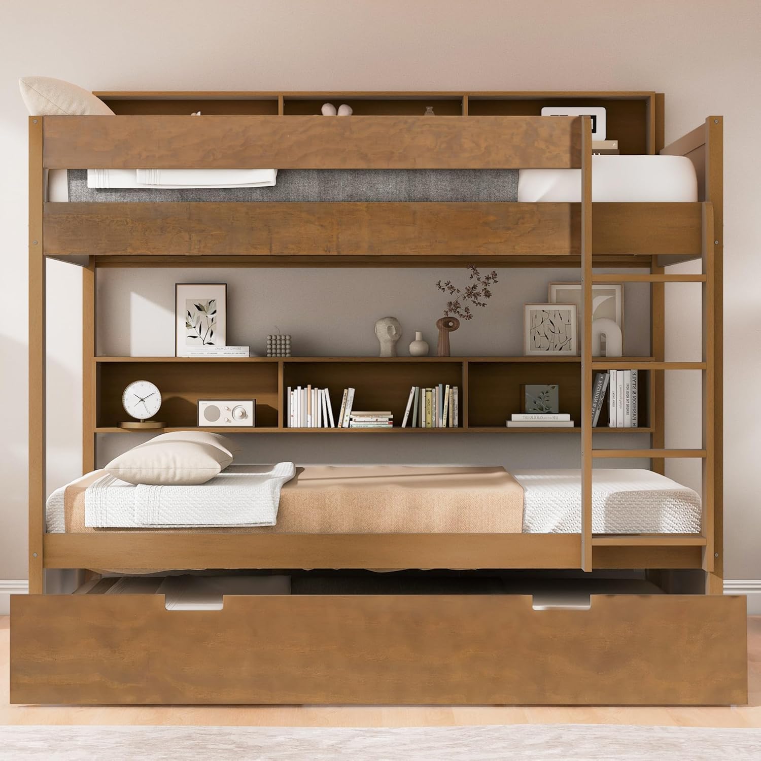 Full Over Full Bunk Bed with Trundle & Storage Shelves,Solid Wood Full Size Bunk Bed Frame with Full-Length Safety Guardrails & Ladder for Kids Teens Room Guest Room,No Box Spring Needed,Antique Wood