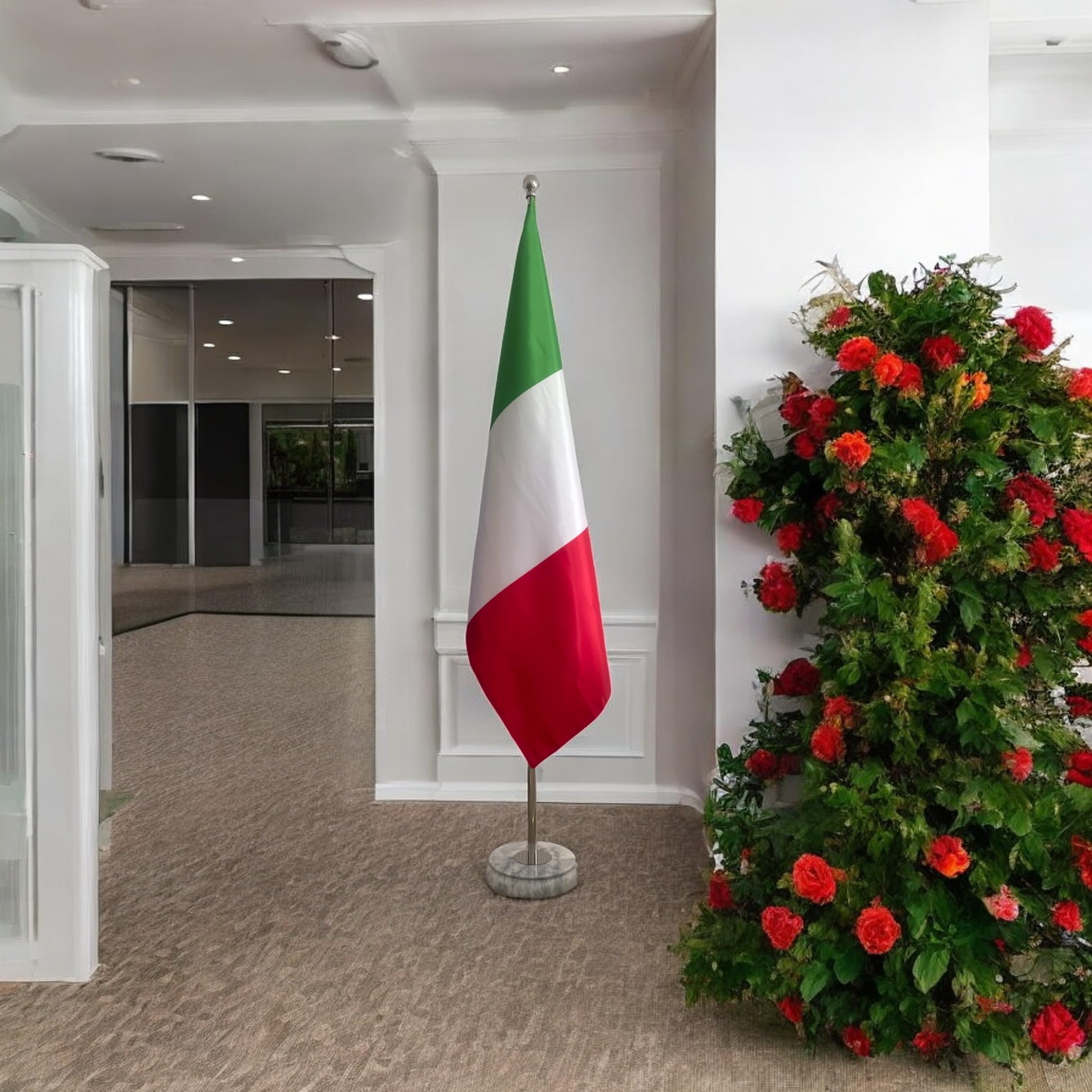 CN11-IT ITALIEN-Flagge Komplett-Set mit Fahnenmast und Fuß aus weißem Marmor, Edelstahlmast (Silber glänzend), Höhe max. 3,0 m
