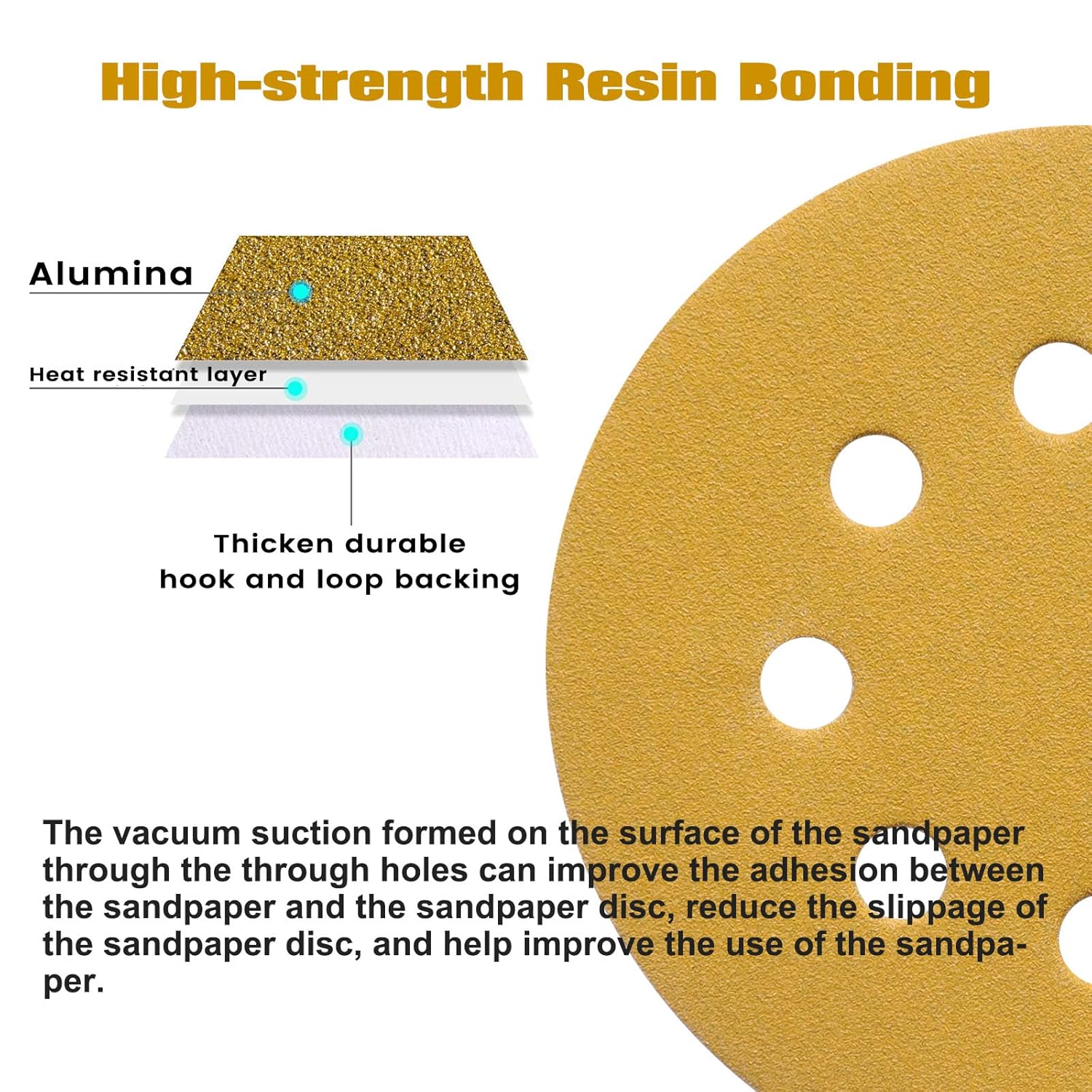 100PCS 5 Inch 8 Hole Sanding Discs 100 Grit,Gold Round Hook and Loop Sandpaper for Random Orbital Sander