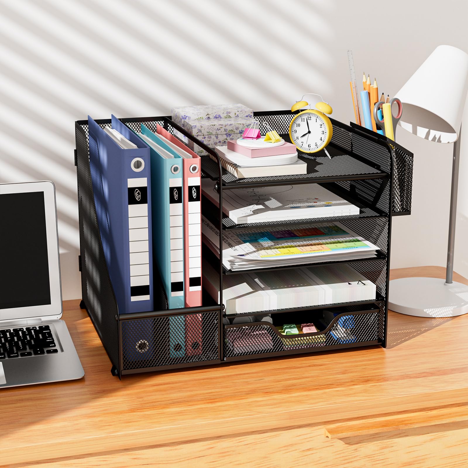 Organizer Scrivania, Portadocumenti da Scrivania, 5 Vaschette Portadocumenti Ufficio con Cassetto e Portapenne, Multifunzionale Organizer Cancelleria per Ufficio Cancelleria Casa
