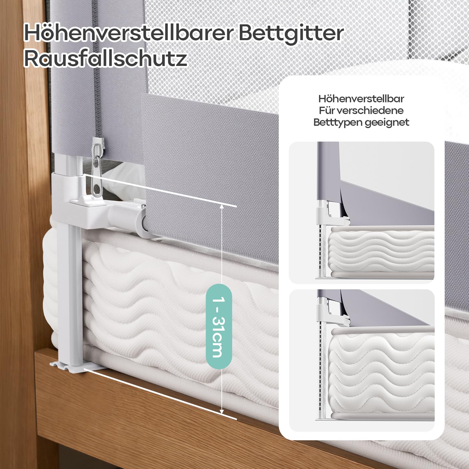 Lertantri Bettschutzgitter Hellgrau 200cm, Rausfallschutz Boxspringbett, Höhenverstellbar, Mit Befestigungsgurten, Ohne Werkzeug Montage (1 Stück) - 4
