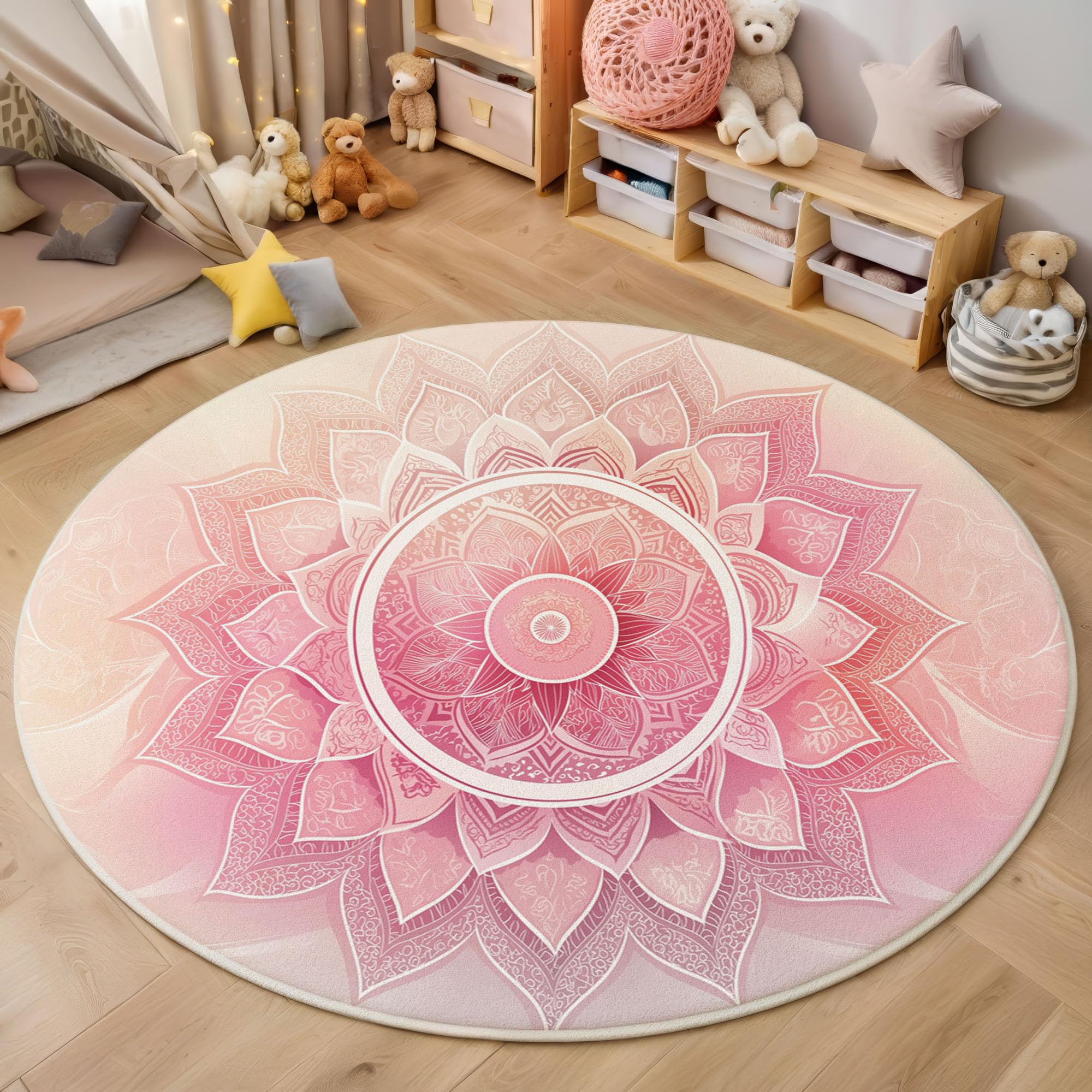 Tapis Rond à Poils Ras Mandala en Ligne Antidérapant Lavable Tapis de Sol Thème De Méditation Moquette Décoration pour Salon Chambre Canapé Descente de lit, 120 cm, Rose