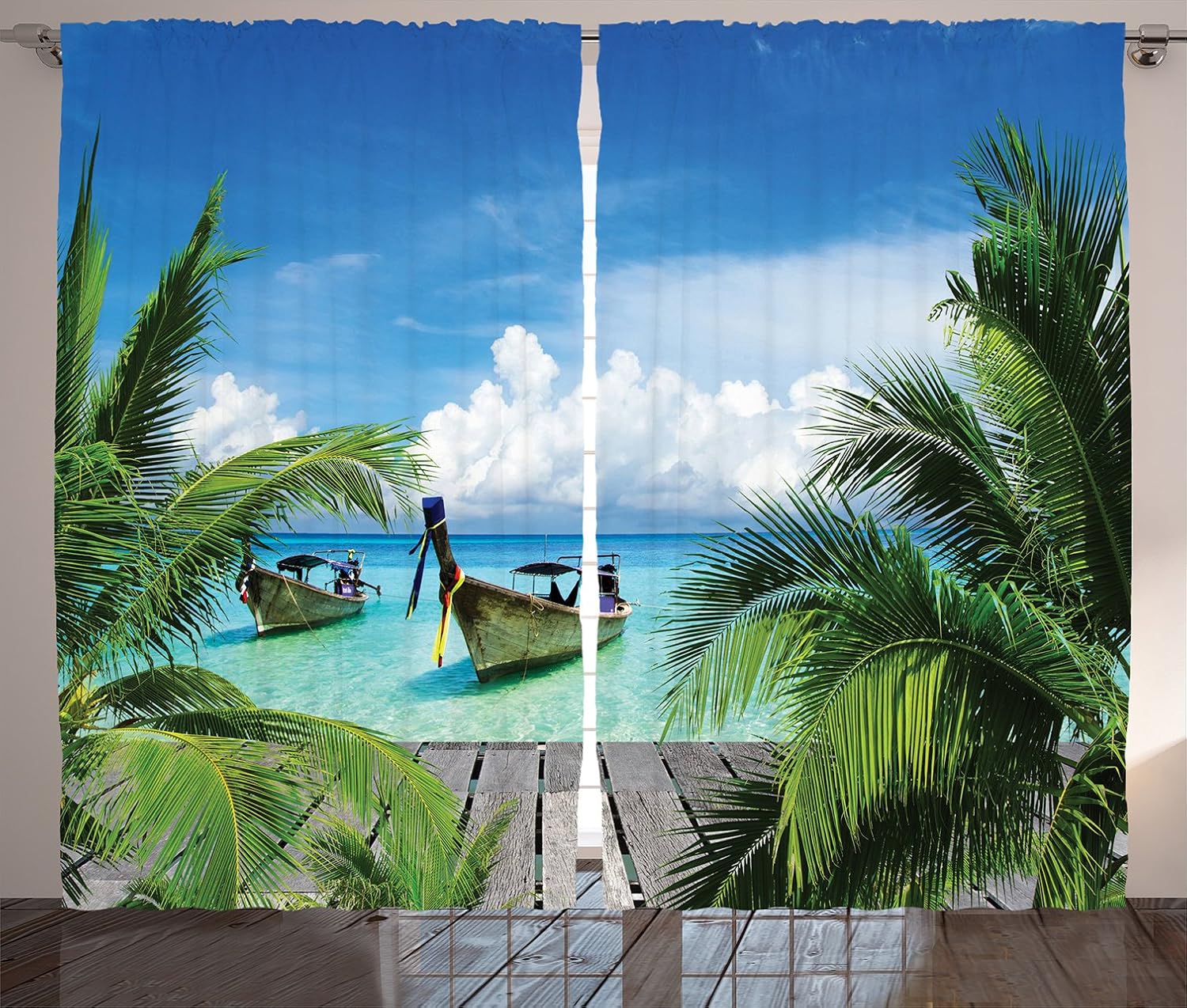 Ambesonne Tropical Curtains, Beach and Tropical Sea Wooden Deck Floating Boats