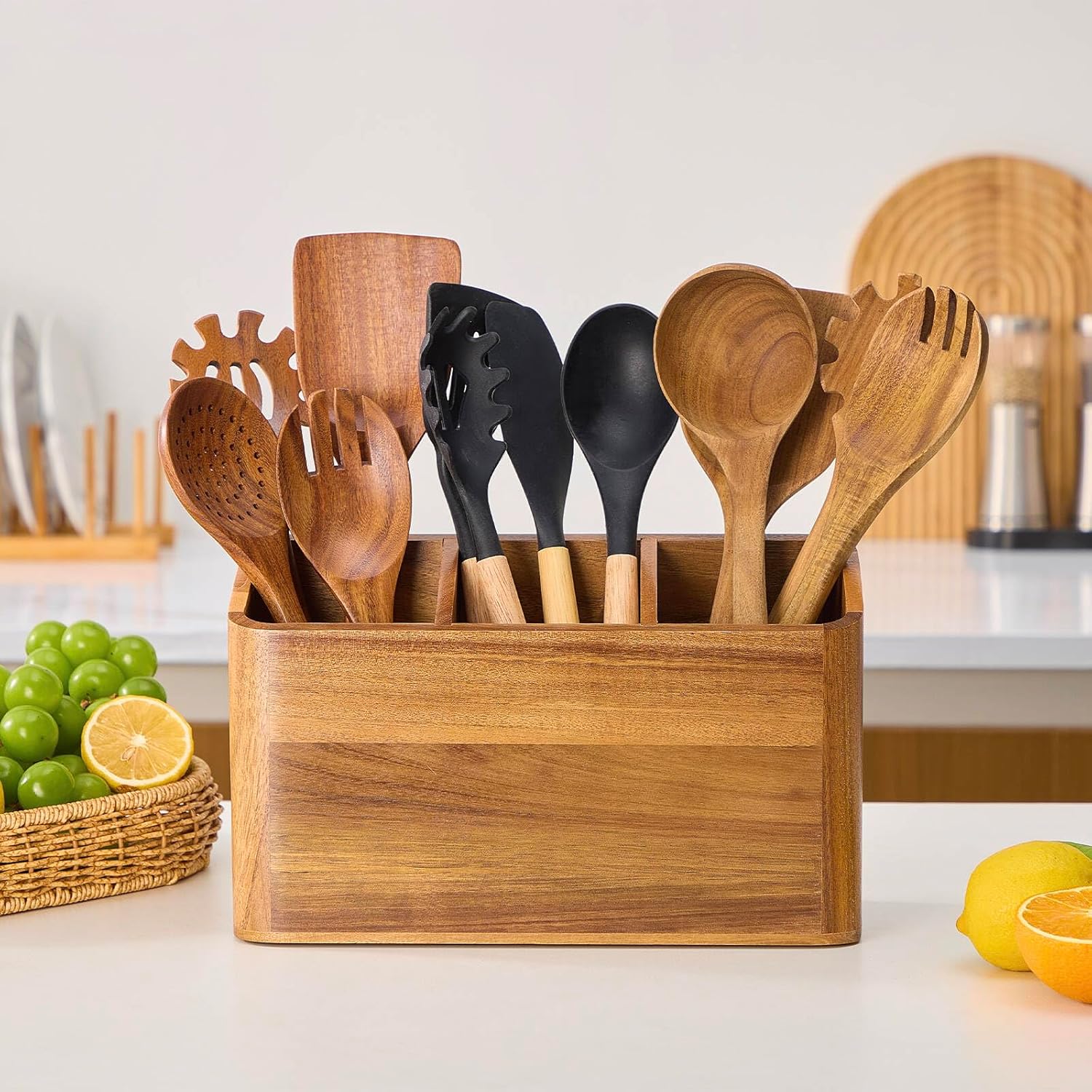 Wooden Utensil Holder for Kitchen Counter, Acacia Wood Kitchen Utensil Holder for Countertop with 4 Compartment, Cooking Utensil Organizer, Silverware Caddy (Acacia Wood, 3Compartment)