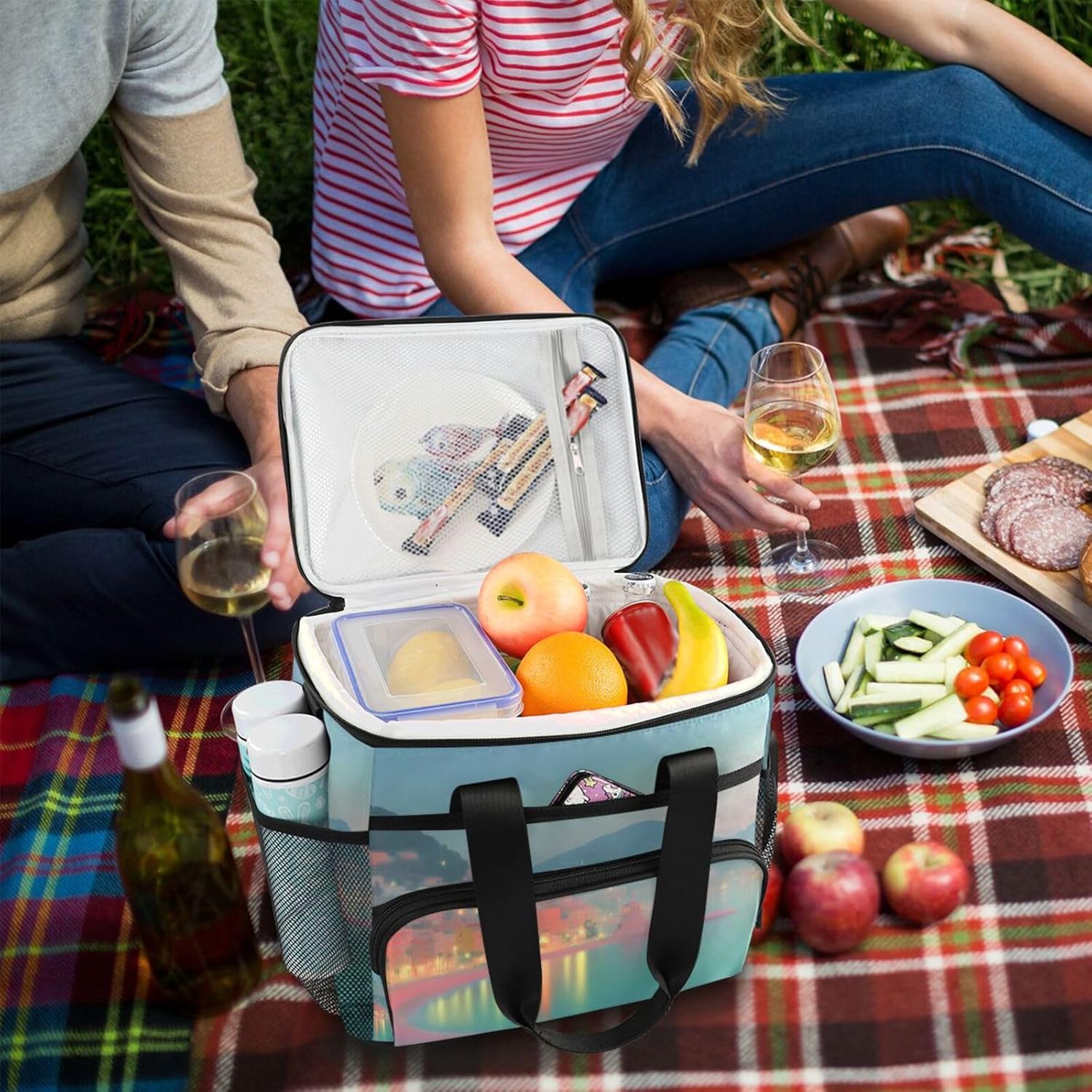 Insulated Cooler Bag Beach View Printed 24 Cans Lunch Box Leak Proof with Shoulder Strap and Handle for Picnic Camping