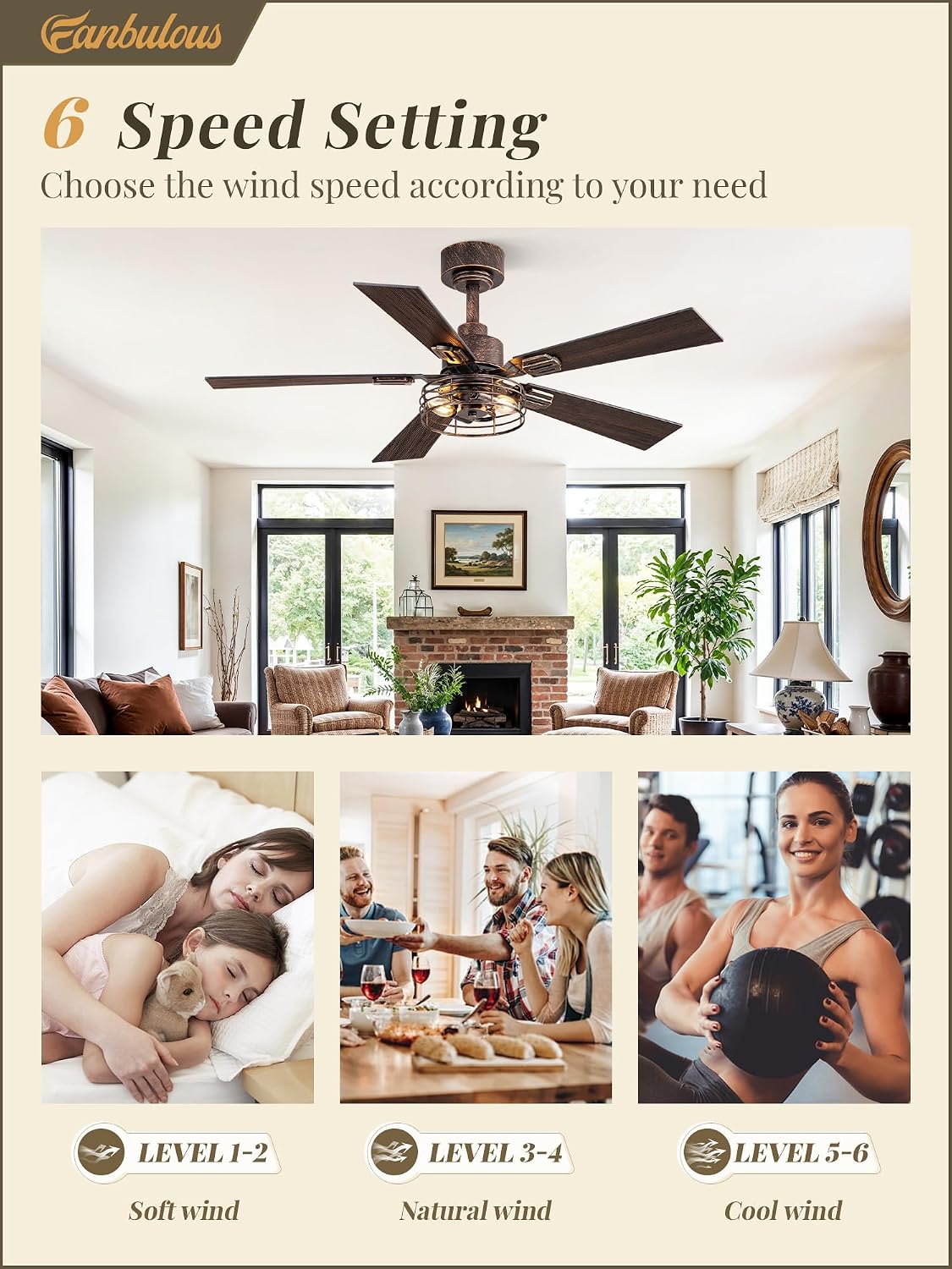 1 Pack Farmhouse 42 Inch Ceiling Fans with Lights, Industrial Caged Ceiling Fans for Bedroom Living Room, Double-Sided 5 Blades Rustic Ceiling Fan-Black Gold