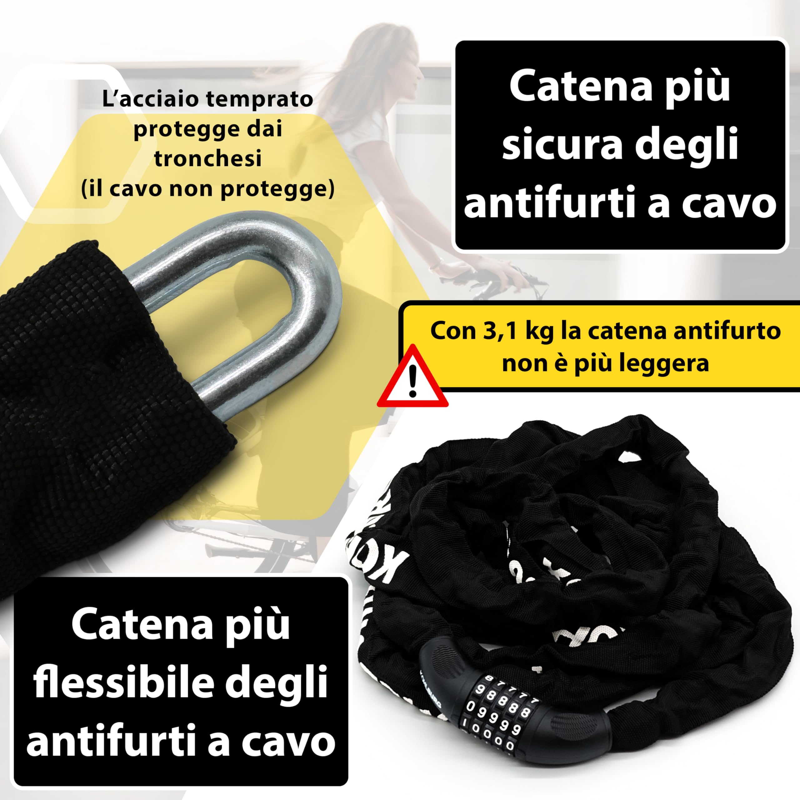 KOHLBURG Catena antifurto 5 m extra lunga con combinazione numerica, 500 cm & acciaio speciale 6 mm con a codice, lucchetto a combinazione 5 m per bici, e-bike, e‑scooter, mobili da giardino, barca