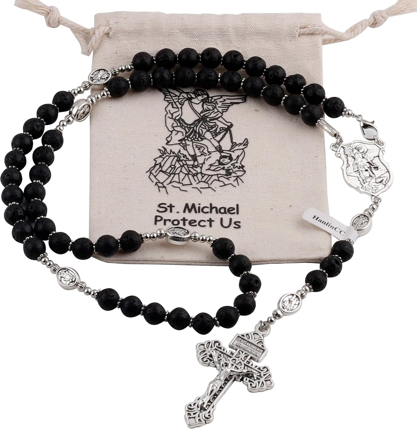 HanlinCC Black Lave Stone Beads Saint Michael Catholic Rosary Necklace with Gift Bag
