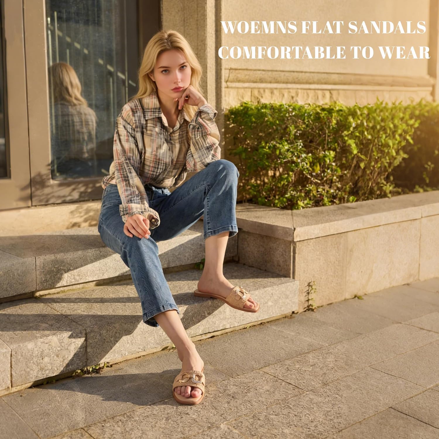 Women's Flat Slide Sandals Summer Dressy Open Toe Sandal Fashion Slip On Beach Sandals