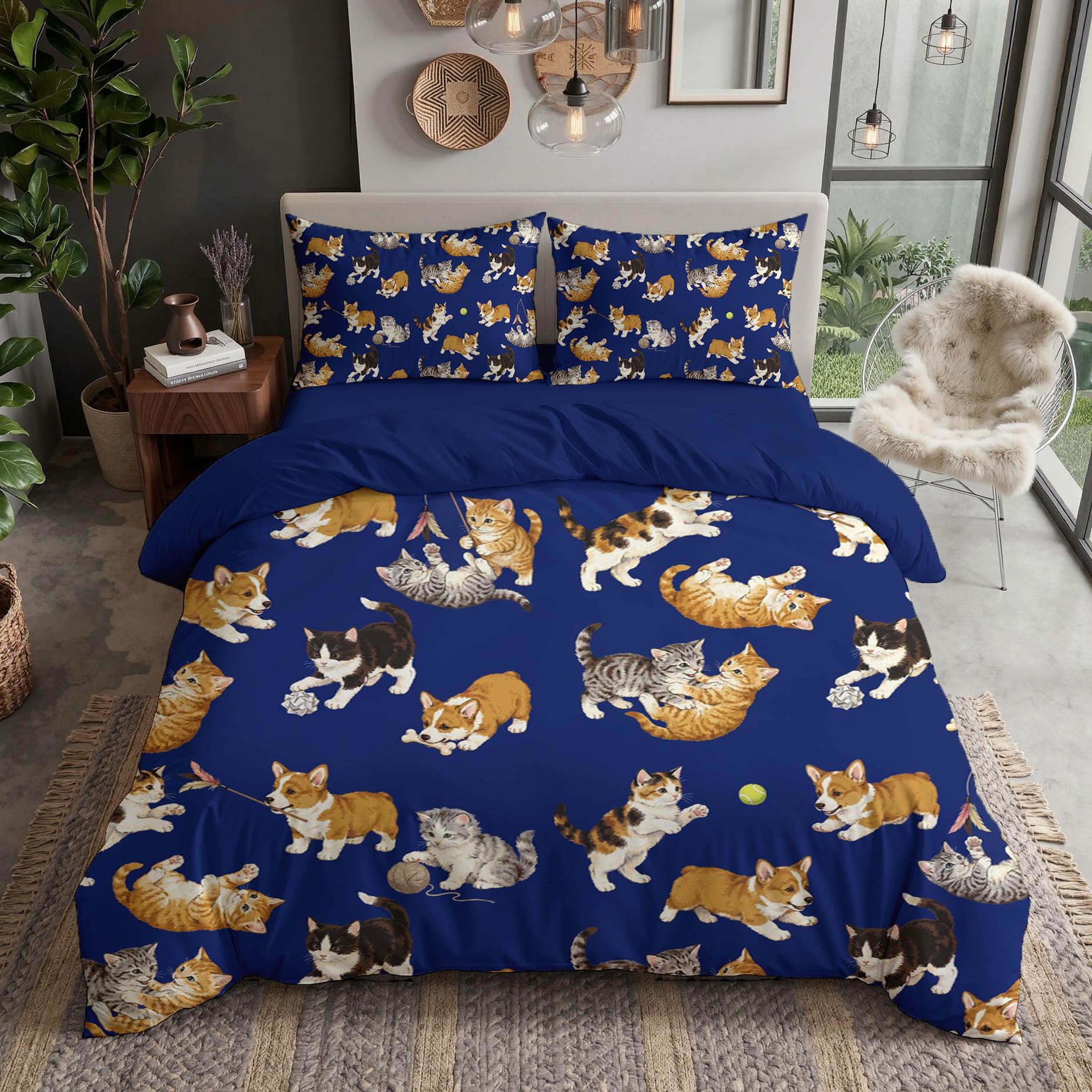 Linge de lit 220x240 imprimé animaux pour lit double avec 2 taies d'oreiller