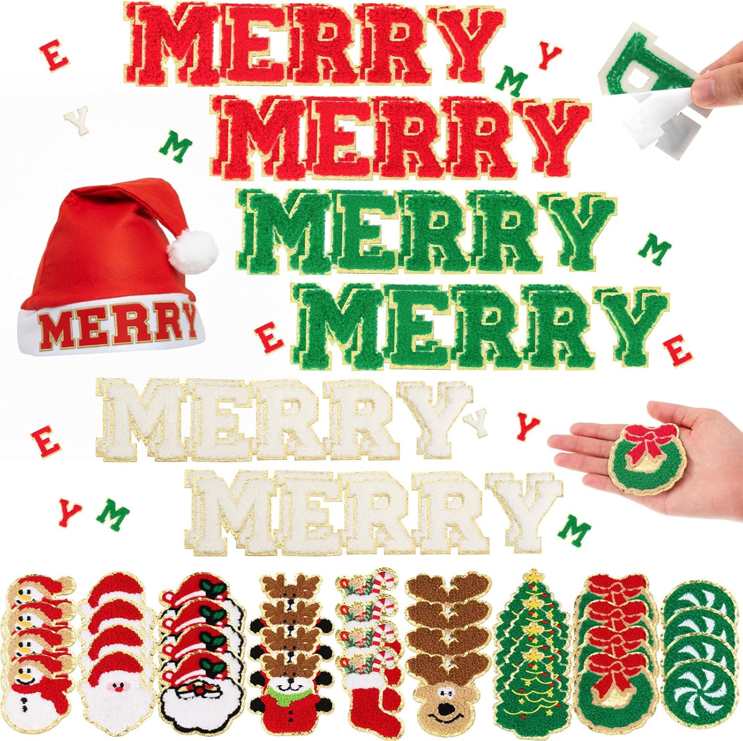 Knitgrip 96 Pcs Christmas Iron on Patches Self Adhesive Chenille Letter Patches Xmas Iron on Winter Transfers Sew Applique Patche for DIY Backpack Clothes Clothing Jackets Jeans Dress Hats Accessory