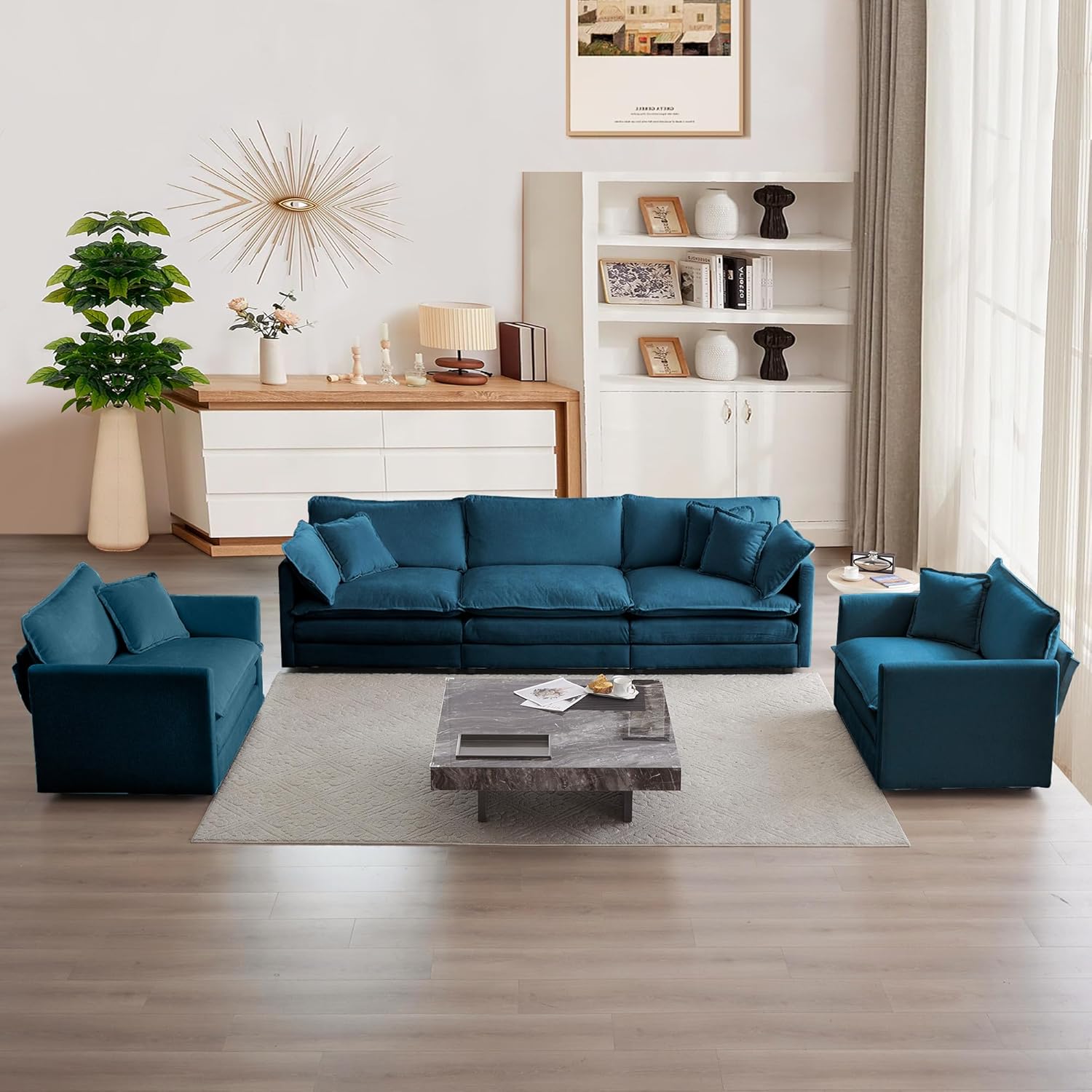 mikibama Luxury 3 Piece Sofa Set, 2 Pieces of Single Sofa and 1 Piece of 3 Seater Sofa, Modern Chenille Comfy Cloud Couches Set with 7 Pillows for Living Room Office, Blue