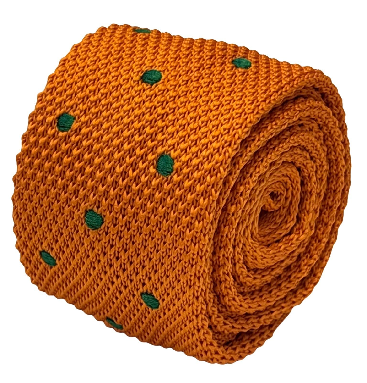 Frederick Thomas Men's Orange And Emerald Green Knitted Necktie, Orange With Green Polka Spots, 5Cm Width, Irish Design