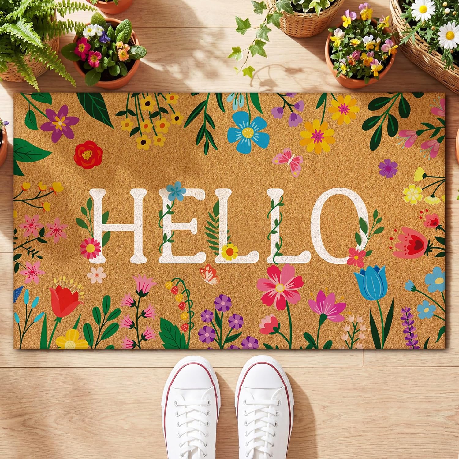 Jenaai Spring Coir Doormat Outdoor Spring Welcome Door Mat 17" x 29" Hello Floor Mat Non Slip Heavy Duty for Indoor Outdoor Entrance Door Porch Front Decor