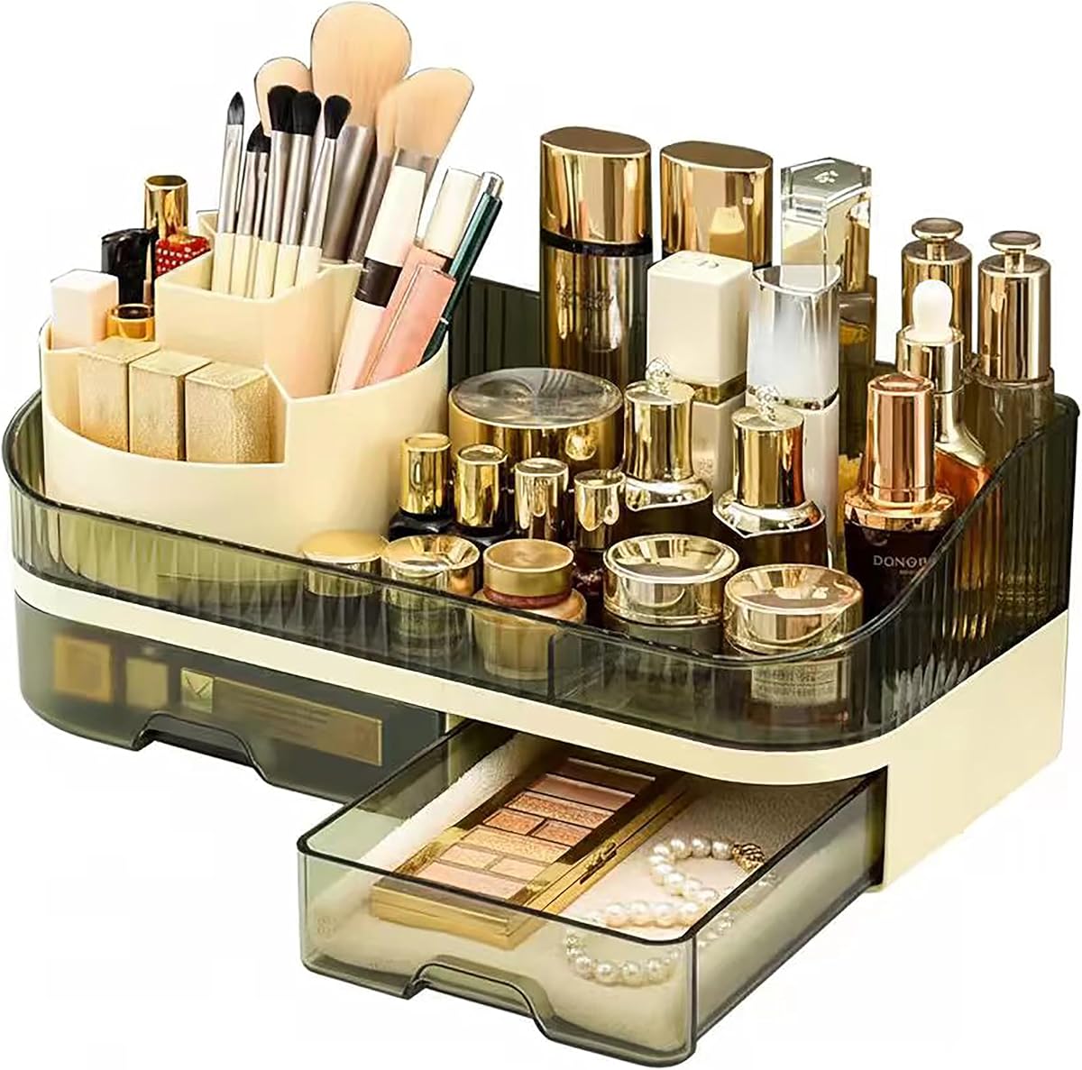 Makeup Organizer Countertop with Dual Drawers | Plastic, Vanity Bathroom Desk, 360° Rotating, Easy Clean, Cosmetic Skincare