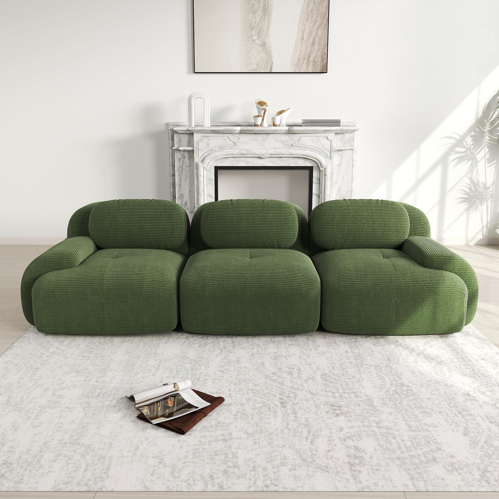 Divano a 3 posti in velluto a coste verde 298x103x70 cm, senza