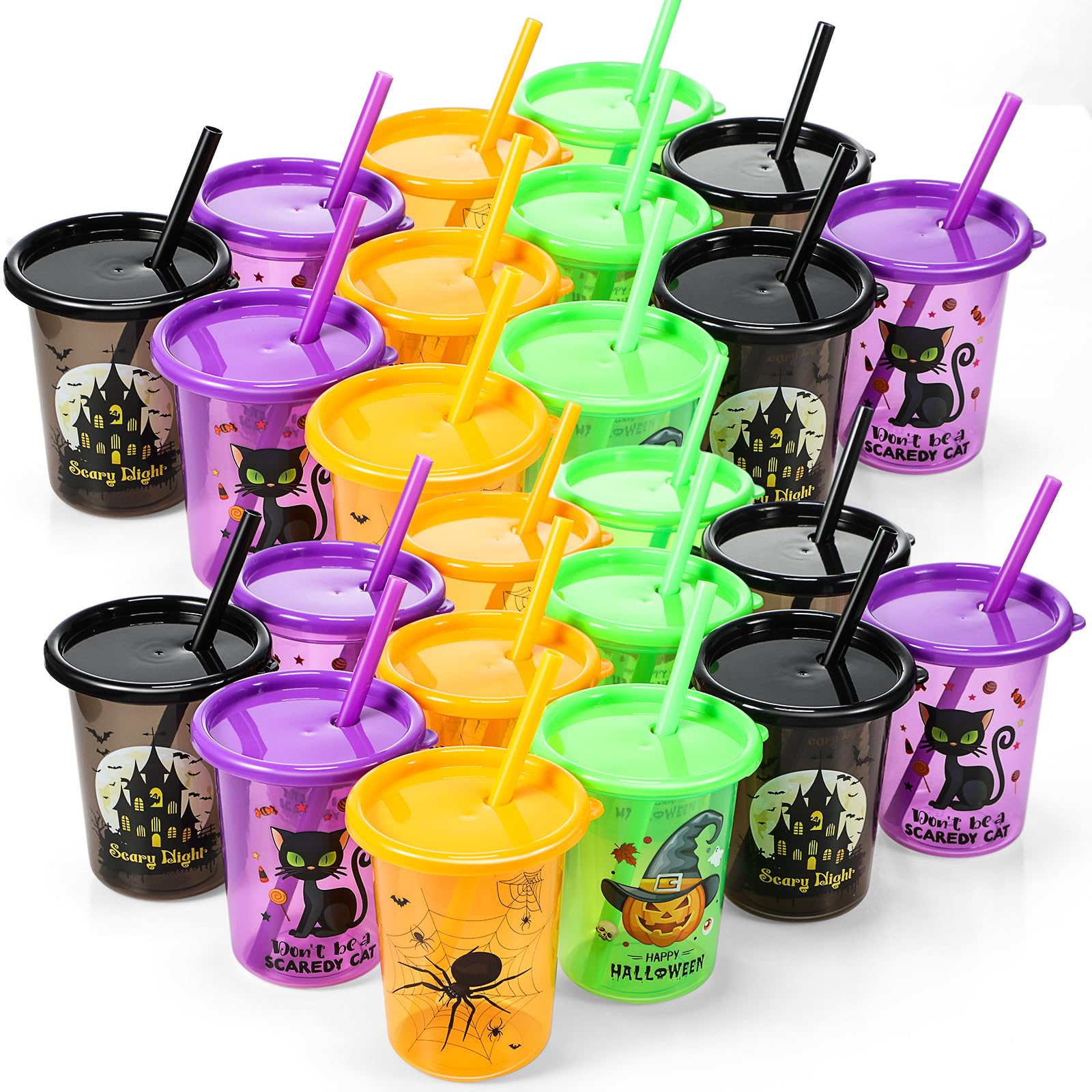 Gobelet Halloween plastique réutilisable 295 ml avec couvercle paille enfant lot 24
