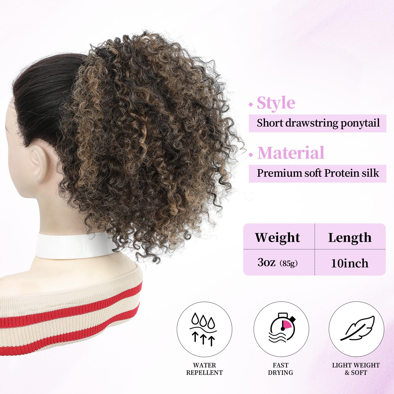 Drawstring Curly Ponytail Extensions for Black Women Pink Mango Protein Silk Fiber Human Hair Soft Feeling Afro Kinky Curly Hair Puff Pony tails Lightweight, Soft Natural Budget for Daily Styles