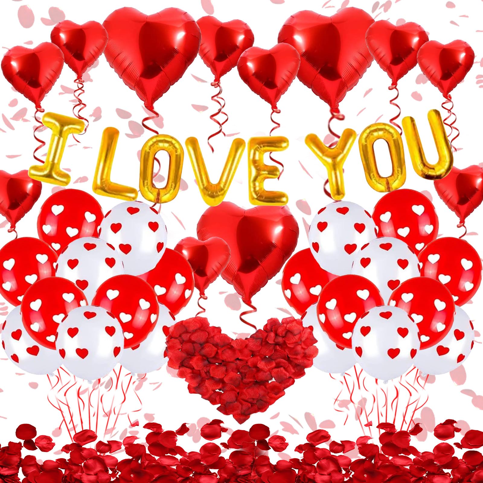 Juego de globos para el día de San Valentín I LOVE YOU - Decoración romántica de San Valentín para él - Globos rojos de corazón con pétalos de rosa rojos, San Valentín boda para hombres y mujeres