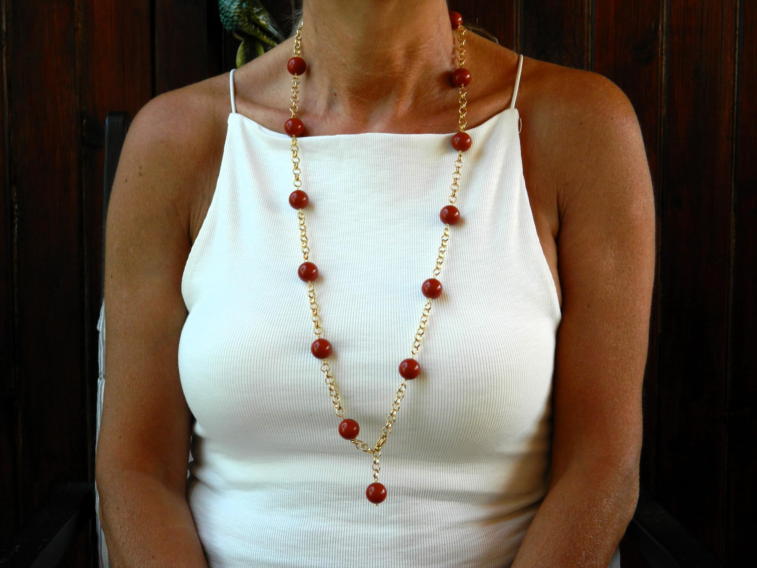 Collana Lunga Donna in Pasta di Corallo Rosso Sardegna – Catena Dorata 87 cm – Handmade in Italia – Anallergica – DodiGioielli