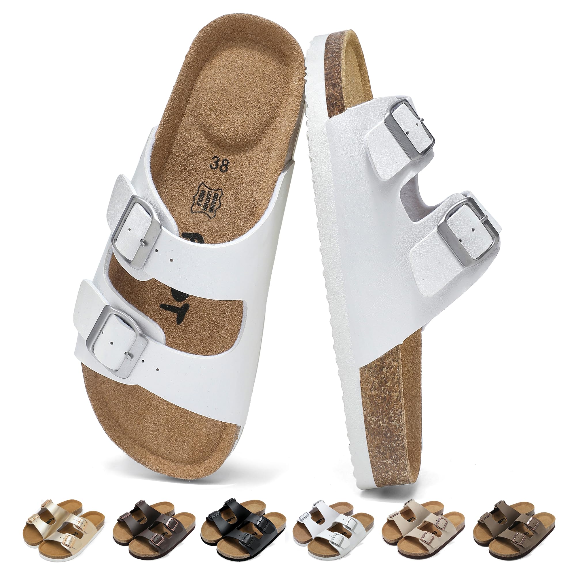Sandalias y Mules Mujer con Dos Hebillas Ajustables Comodas Cuero Sandalias Planas de Corcho, Ligero Sandalias Ortopedicas con Arch Fit Antideslizante Zapatillas con Punta Abierta 36-42EU