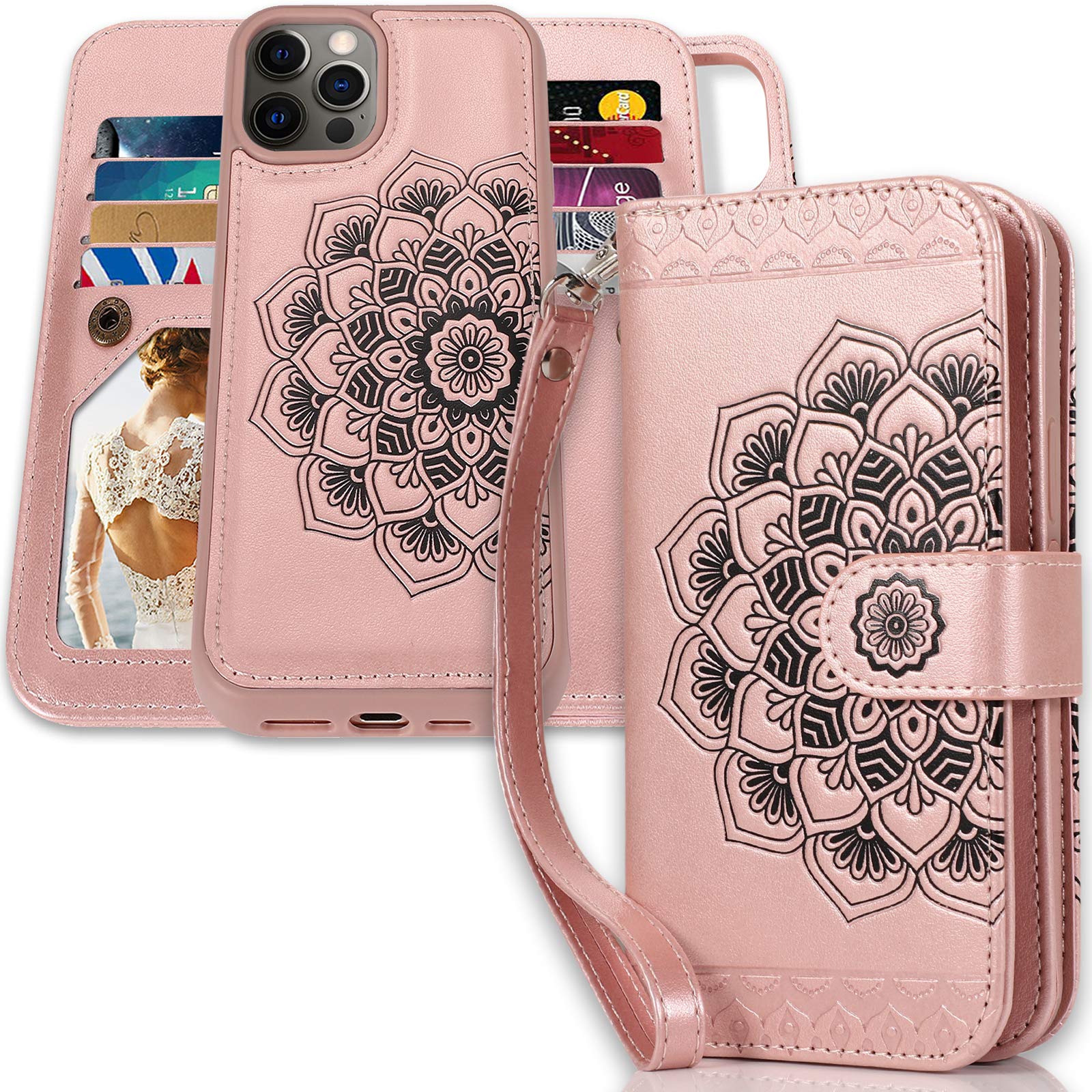 CASEOWL Compatible for iPhone 13 Pro Max Case Wallet Magnetic Detachable-2 in 1 Mandala Embossed Leather Flip Wallet Cover Case for Women Girls [RFID Blocking] with 9 Card Slots, Hand Strap (Pink)