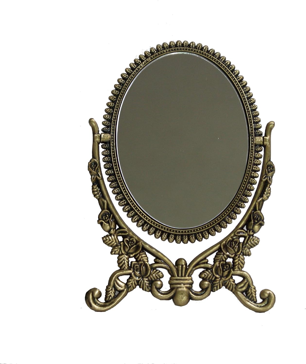 SEHAMANO Vintage Antique Embossed Roses Pattern Makeup Table Mirror, Decorative Oval Shaped Stand Mirror, Vanity Cosmetic Double Sided Rotatable Ellipse Metal Frame Mirror (Brass (Matt Gold), Medium)