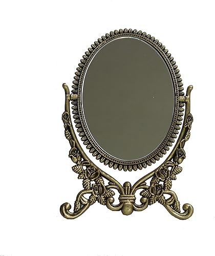 SEHAMANO - Espejo de mesa de maquillaje con diseño de rosas antiguas antiguas con forma ovalada decorativo espejo de doble cara giratorio con marco