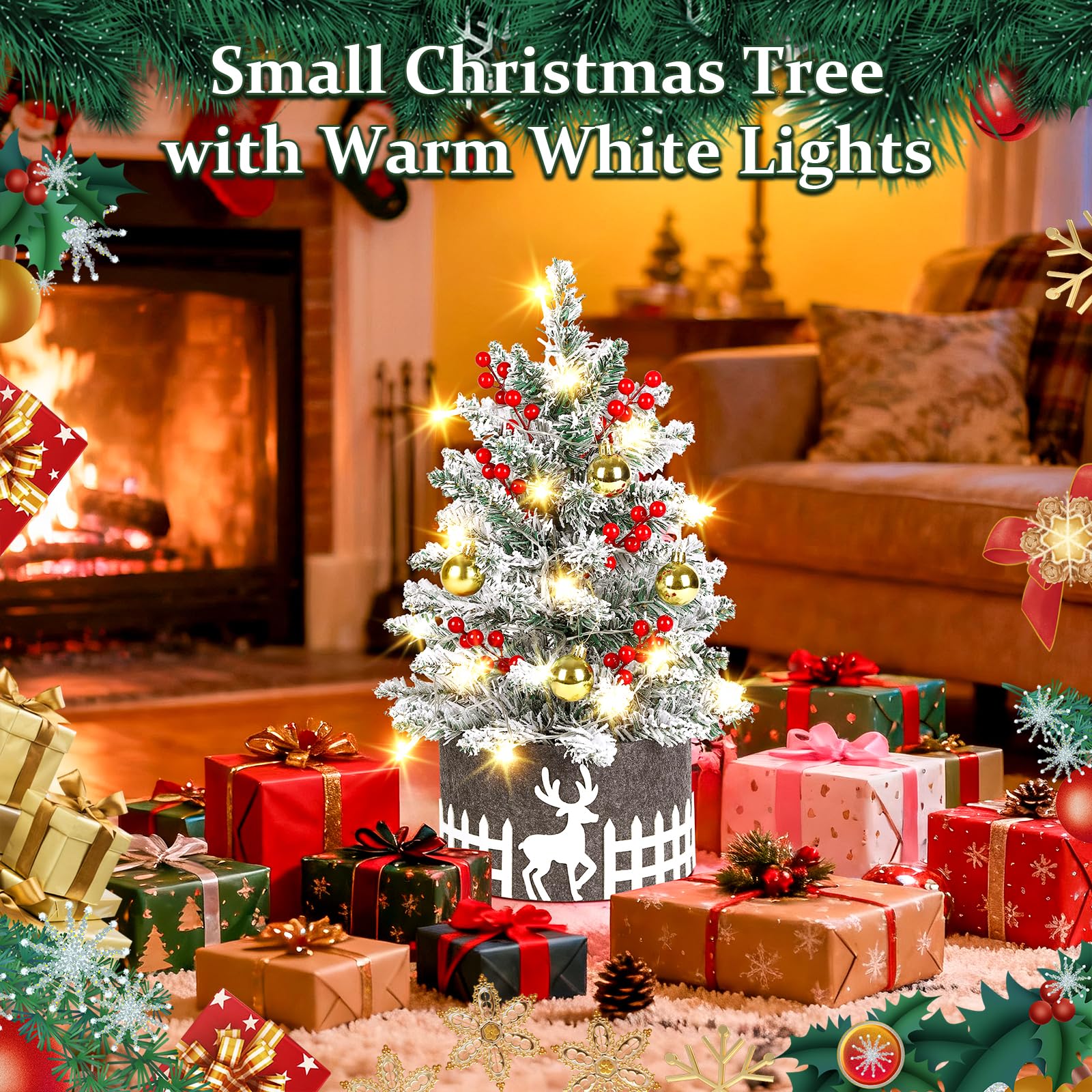 Sapin de Noël Neige Artificiel 60cm avec Lumières LED, Sapin Enneigé Flocké Blanc avec Décorations (Boules, Baies, Jupe), Petit Sapin de Noël pour Table et Bureau, Décoration d'Intérieur Maison Cadeau