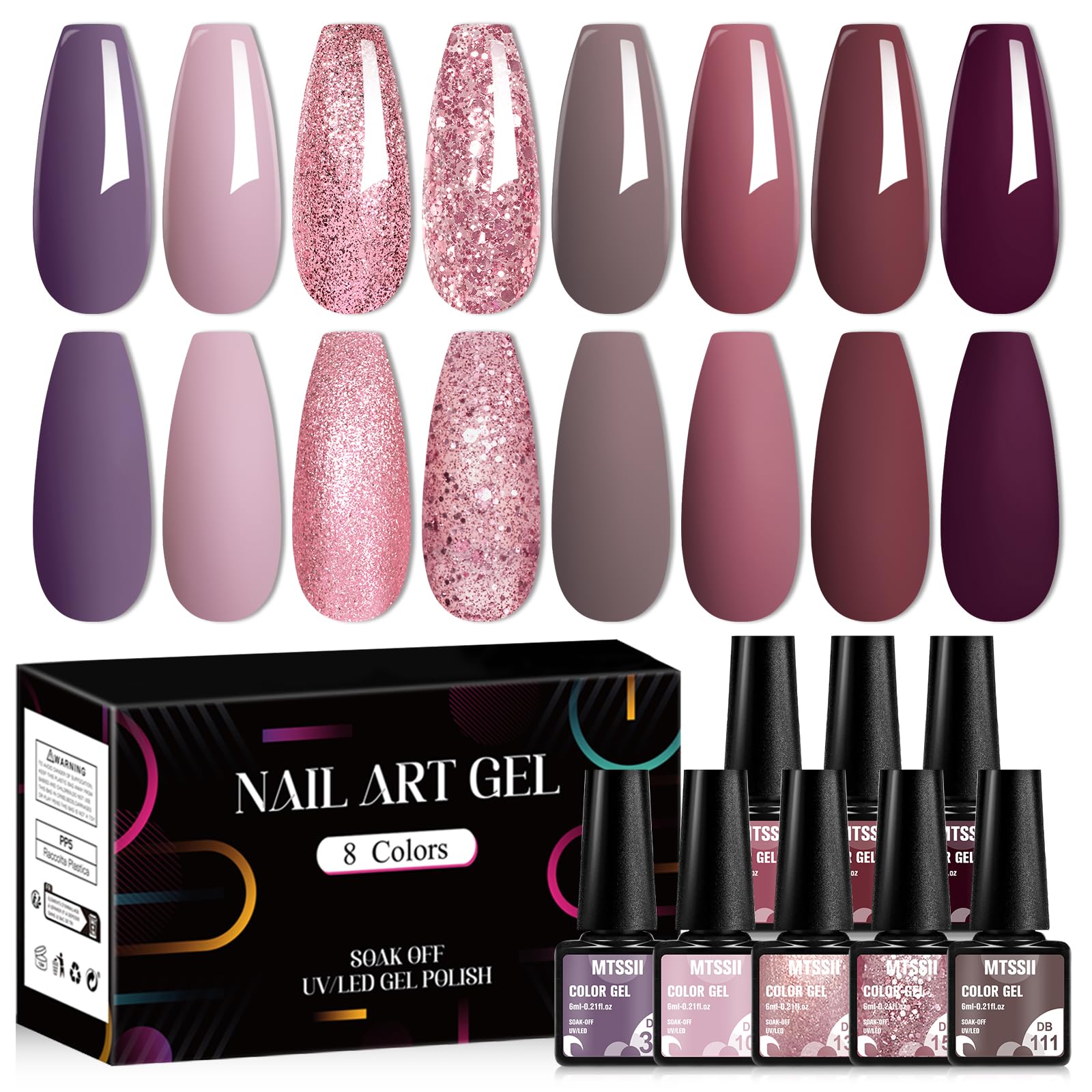 MTSSII 8 Colors Gel Nail Polish Set, Fall Colors Nude Pink Burgundy Glitter Brown Gel Polish Set Long-Lasting Uv Lamp Cured Soak off Nail Art Kit for