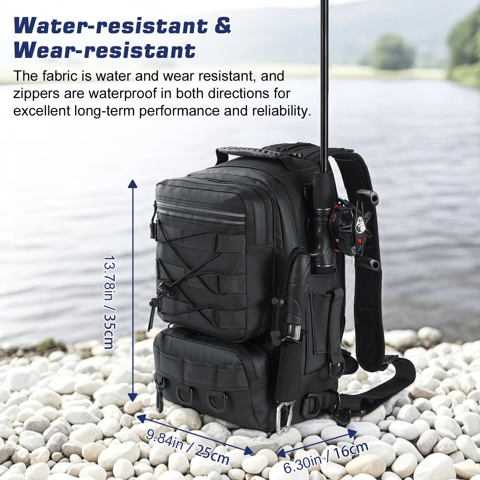 MoKo Sac à dos de pêche avec support pour canne à pêche et équipement, sac de rangement des accessoires en nylon imperméable pour le camping, la randonnée, la chasse, Noir