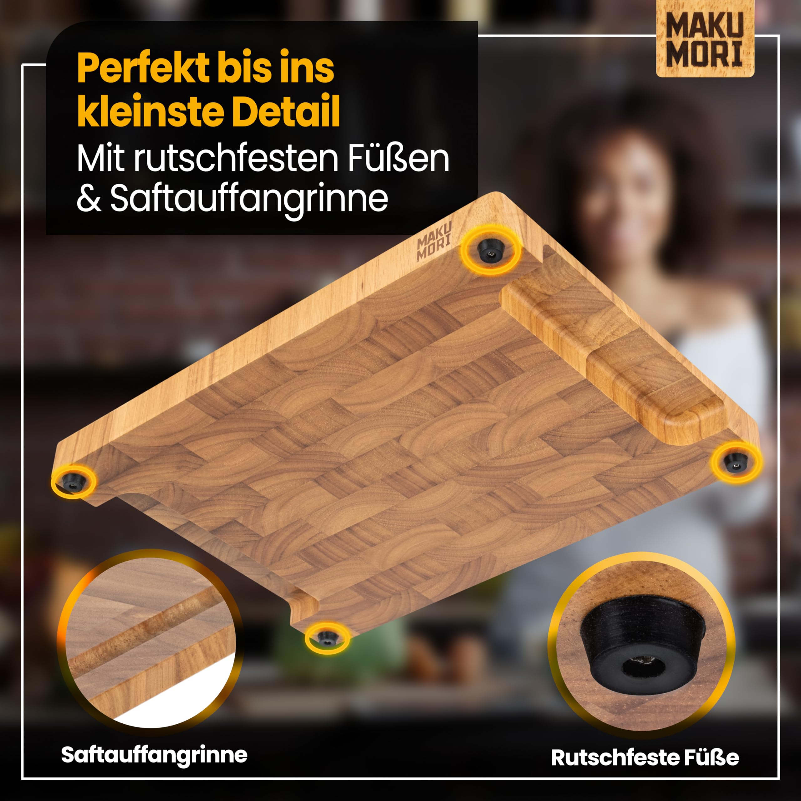 Premium Schneidebrett Bright-Bundle aus Massivholz, Stirnholz, End Grain 40x29x3cm - zweifach sortiert, FSC® -zertifiziert, Standfüße, Saftzinne und große Griffmulden