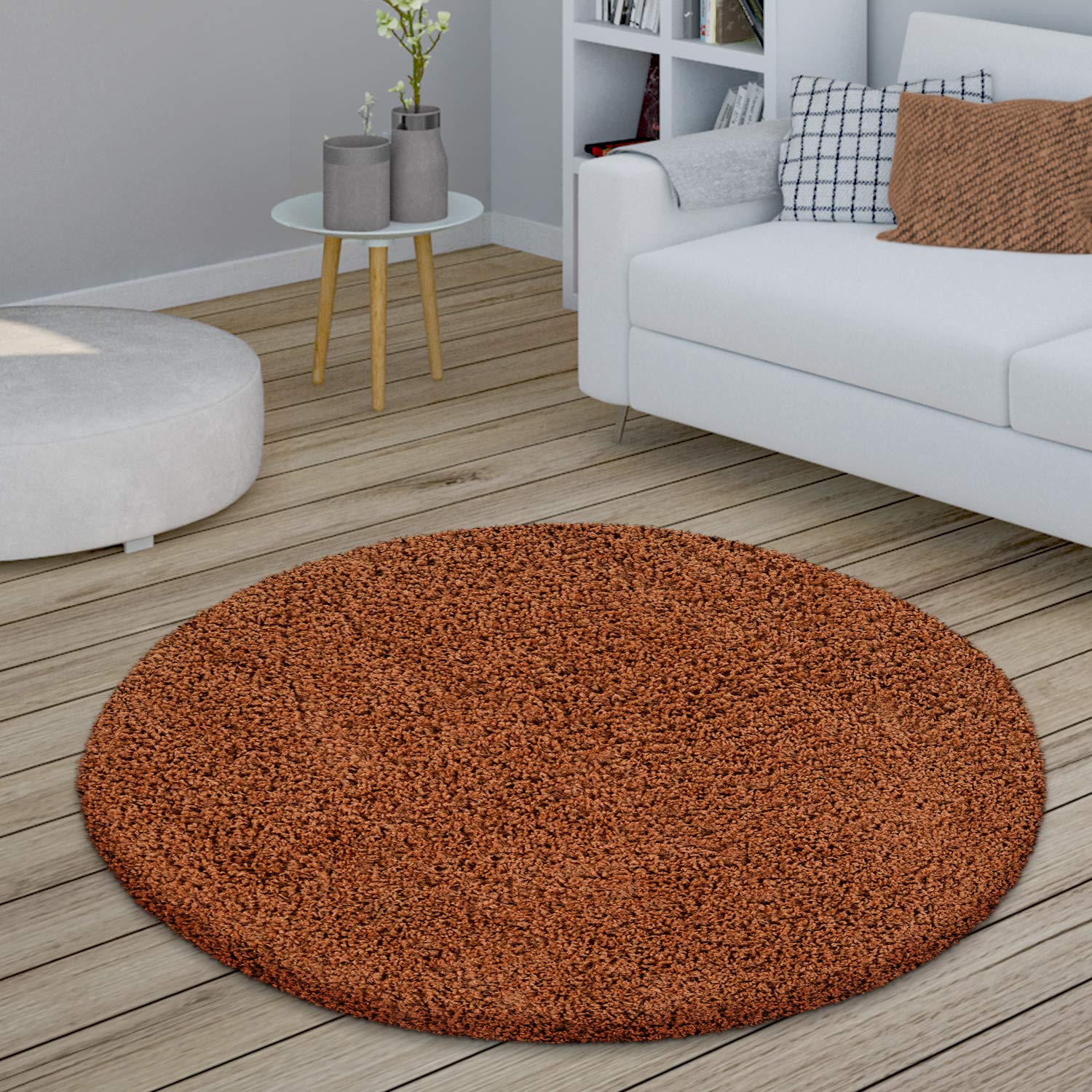 Paco Home Alfombra Salón Redonda Pelo Largo Shaggy Dormitorio Mullida Moderna Pasillo Uni, tamaño:Ø 120 cm Redondo, Color:Terracota OEKO-TEX STANDARD 100