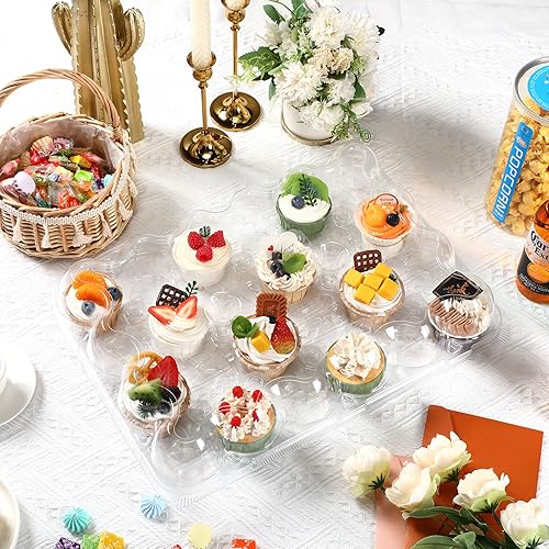 Miniatura 5 de 20 juegos de recipientes para cupcakes, 24 unidades, cajas apilables transparentes desechables con tapa de cúpula alta desmontable para bodas,