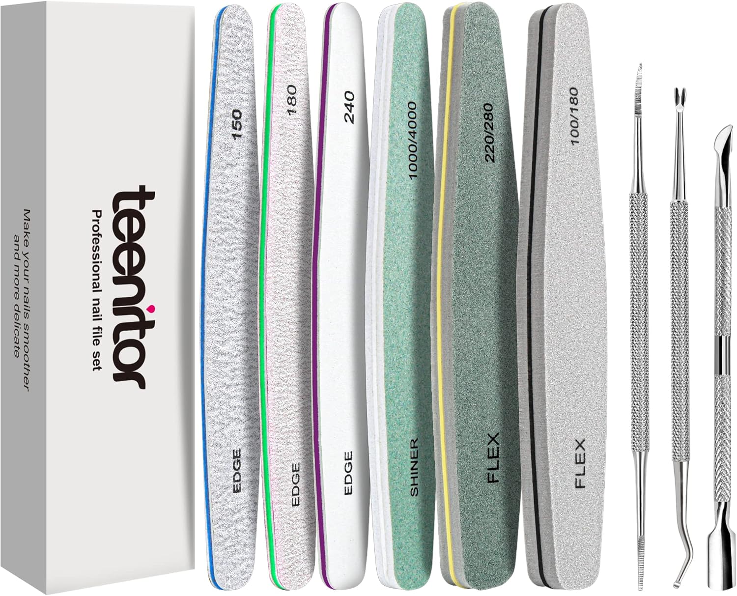Teenitor Emery Boards Nail Files with Toenail Lifters & File Set,6pcs Professional Nail Buffer Block with Cuticle Pusher, Toenail Lifter & Nail Cuticle Fork, 100/180/240 Grit Nail Shiner for Polishing