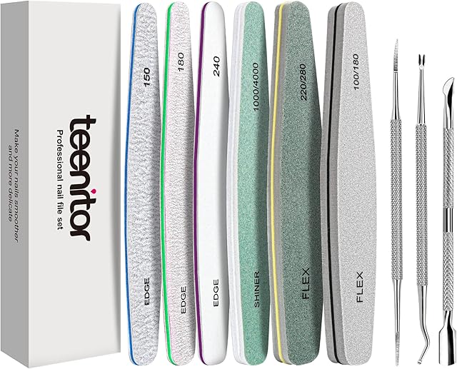 Teenitor Emery Boards Nail Files with Toenail Lifters & File Set,6pcs Professional Nail Buffer Block with Cuticle Pusher, Toenail Lifter & Nail Cuticle Fork, 100/180/240 Grit Nail Shiner for Polishing