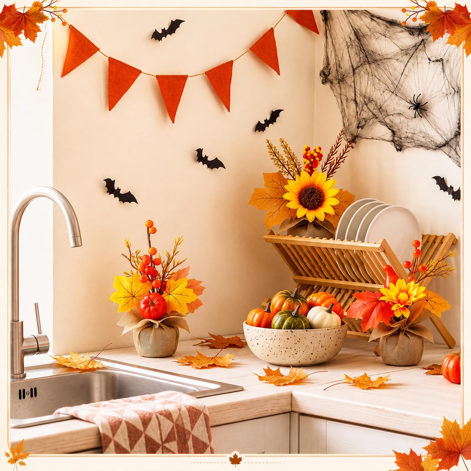 Giegxin 10 fiori artificiali in vaso per Halloween, decorazione autunnale con zucca, girasole, foglia d'acero, pigna, centrotavola (stile D)