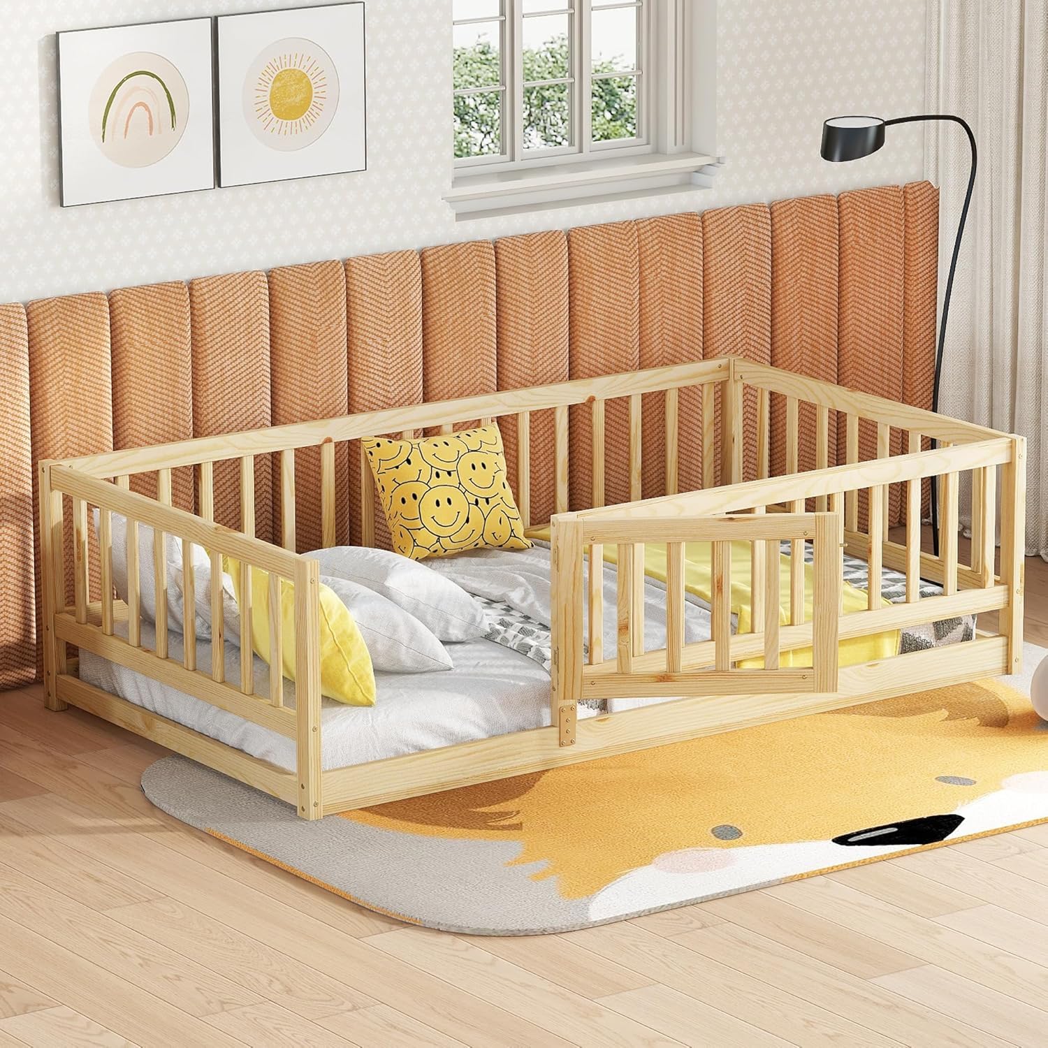 Bellemave Twin Size Kids Montessori Floor Bed with Door,Solid Wood Floor Bed Frame with Slats and High Fence for Kids,Girls,Boys,Natural