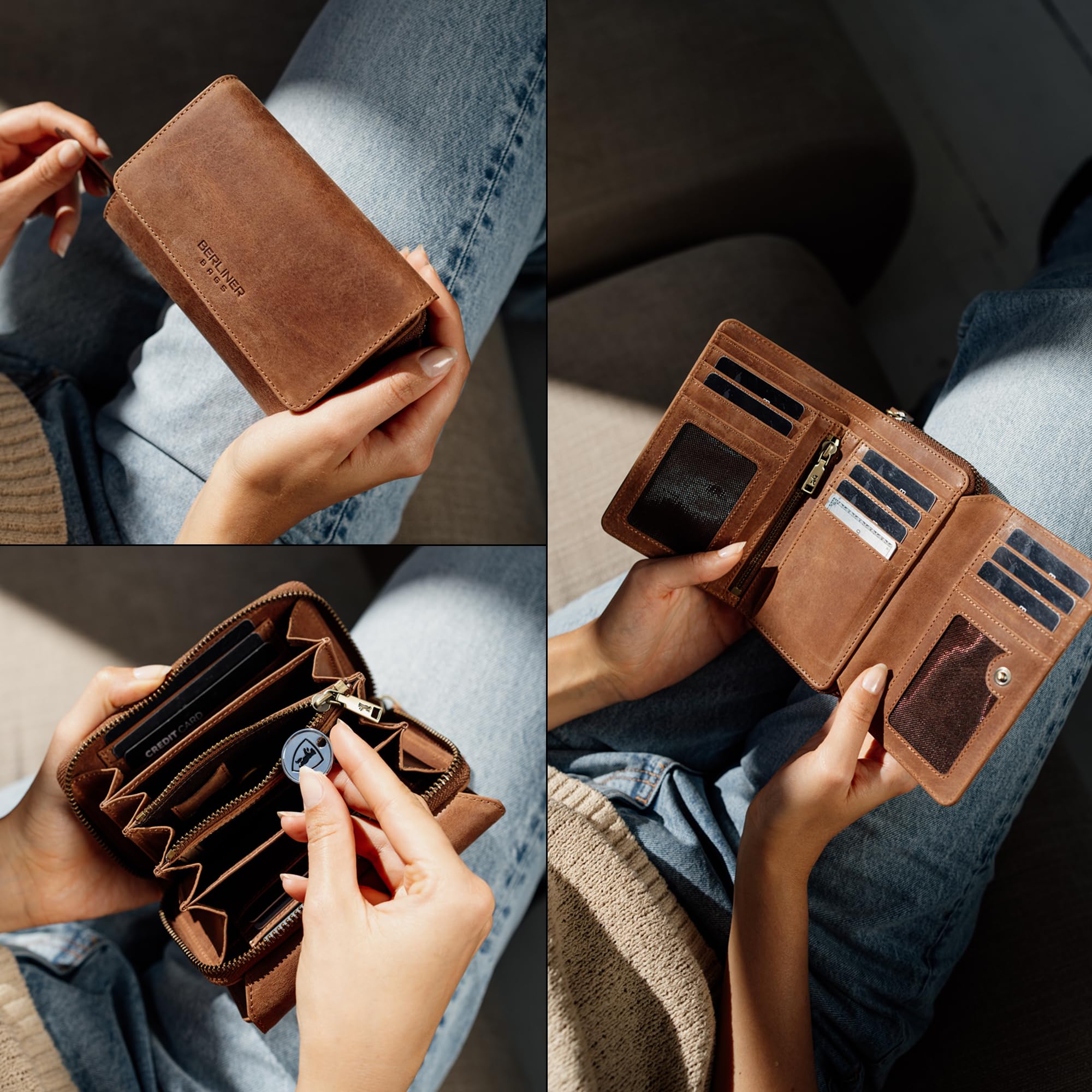 Berliner Bags Portafoglio Donna Vienna in Vera Pelle, Grande con Zip e Portamonete, Protezione RFID, 19 Carte – Marrone