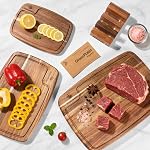 Acacia Wood Cutting Boards for Kitchen (Set of 3), Heavy Duty Chopping Board with Deep Juice Groove, Reversible Designed, Storage Stand & Oiling Brush