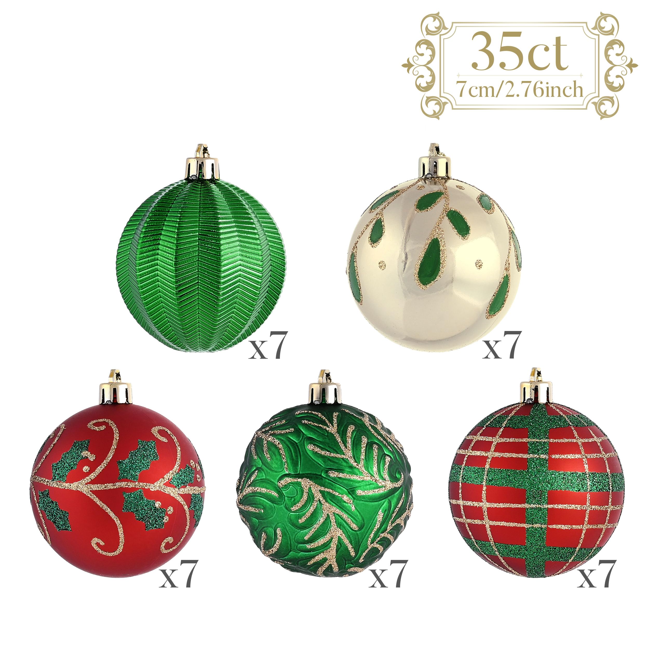 Valery Madelyn Boules de Noël traditionnelles incassables en or rouge et vert 35 carats 70 mm