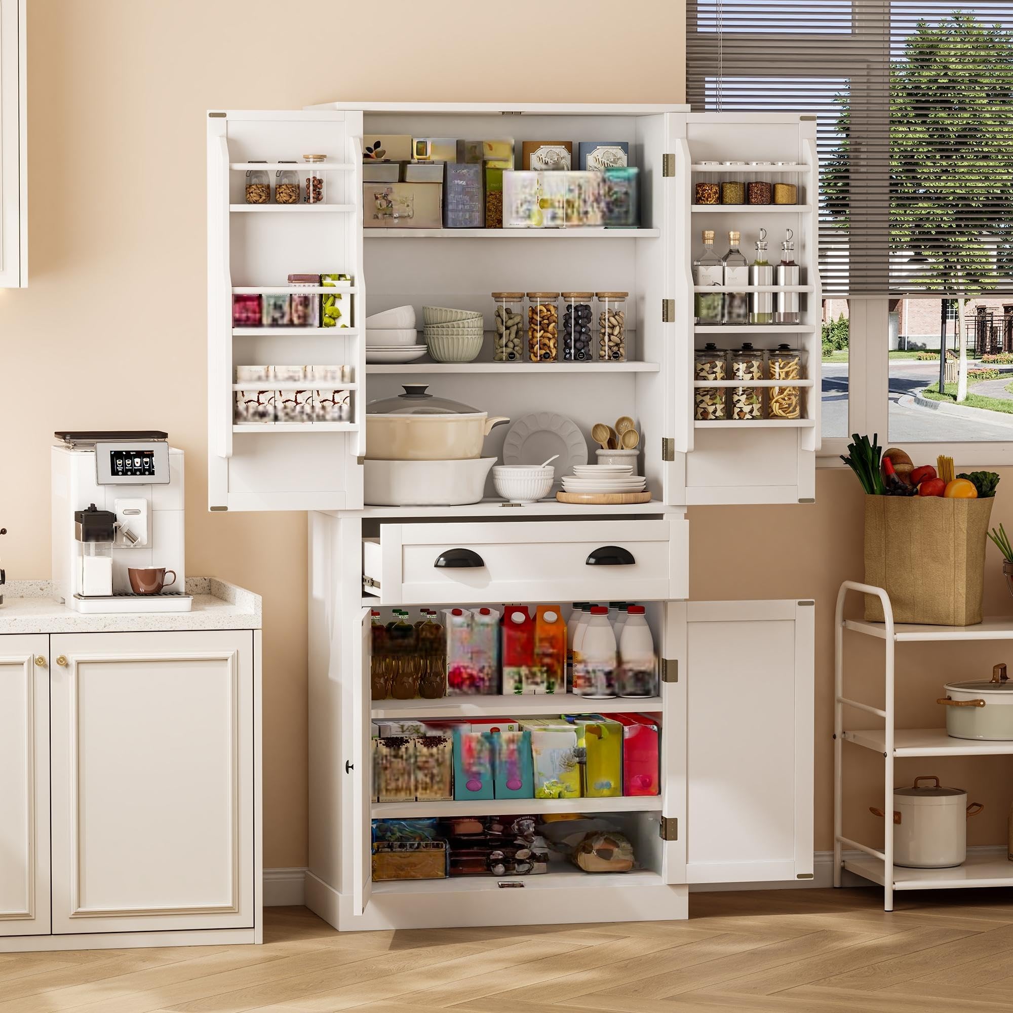 Küchenschrank mit 4 Türen und 1 Schublade, Mehrzweckschrank Hochschrank mit 6 Staufächer und 4 Verstellbare Ablageflächen, Buffetschrank Vorratsschrank, Küchenmöbel, Weiß, 80x40x182 cm