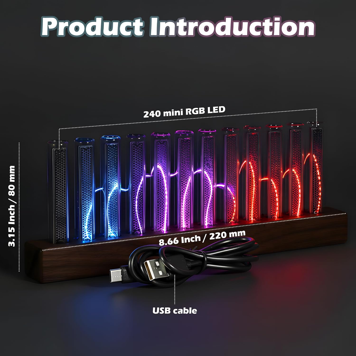 LED Music Spectrum Display, Home Audio Spectrum Analyzer Display, High Sensitivity Audio Music Rhythm Light Bar with 12 LED Light Tubes Adjustable Light Color & Brightness