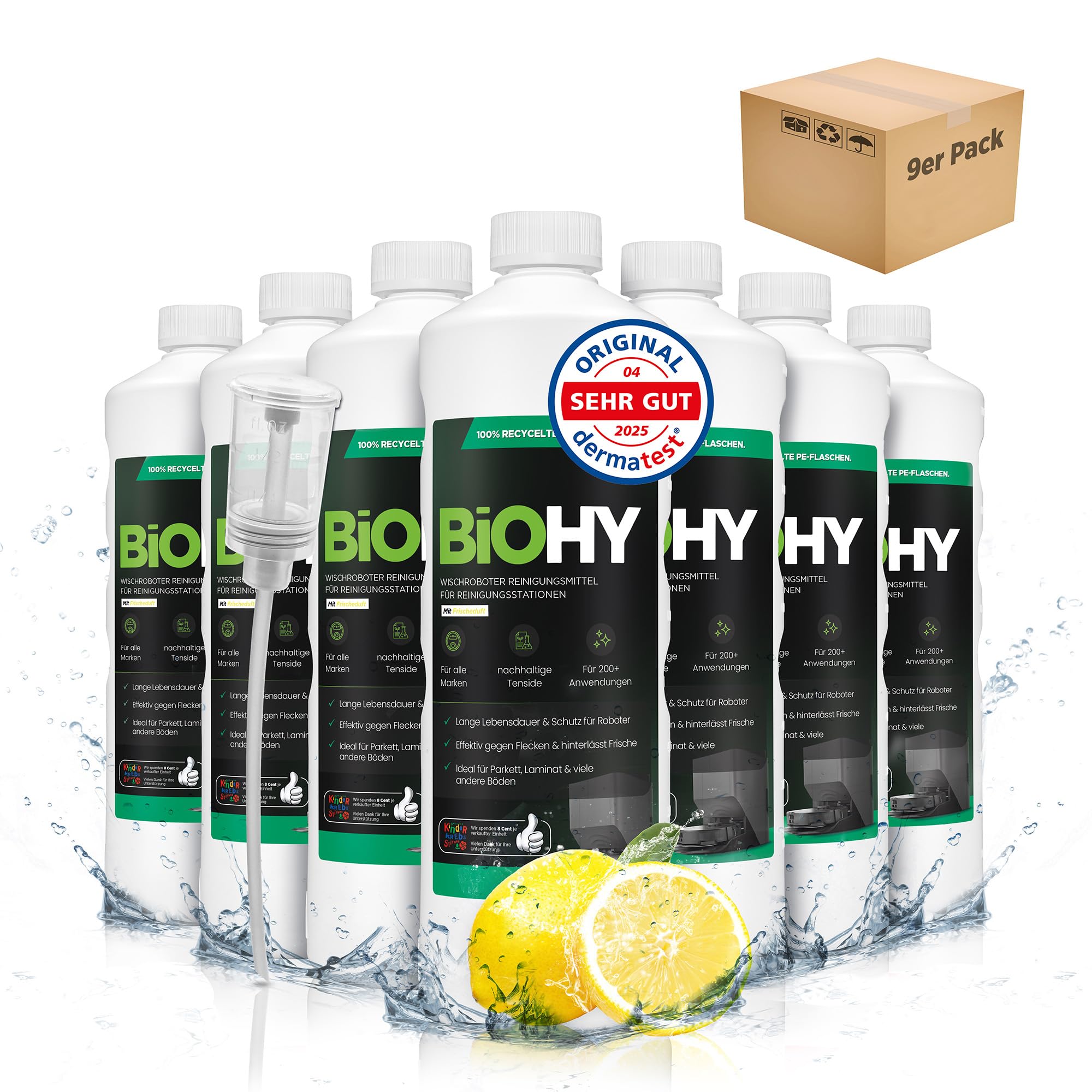 BiOHY Limpiador de robots aspiradores (9 botellas de 1 litro) + Dosificador | Especialmente desarrollado para estaciones de limpieza | Prolonga la vida útil de la estación de succión (Wischroboter