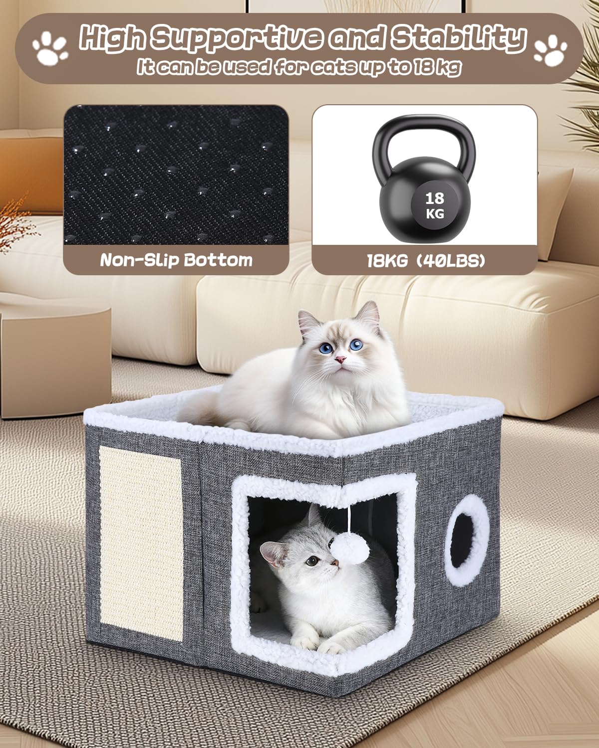 Cuccia per gatti per interni, pieghevole, cuccia per gatti, lavabile, con una palla giocattolo appesa, un tagliere per gatti, adatto per animali domestici di piccole e medie dimensioni, 41 x 41 x 32