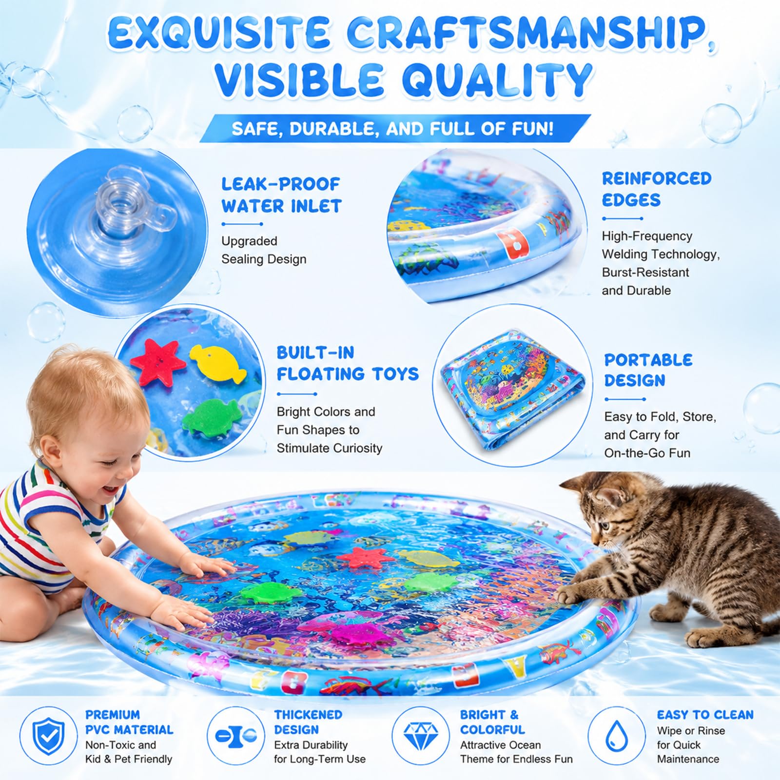 Wasserspielmatte Katze, Kühlmatte Katzen Hund, Wassermatte Baby, Spielmatte Sensorik Spielzeug Wasser, Interaktives Katzenspielzeug Wassermatte für Haustier Innen Außenbereich 95x95CM