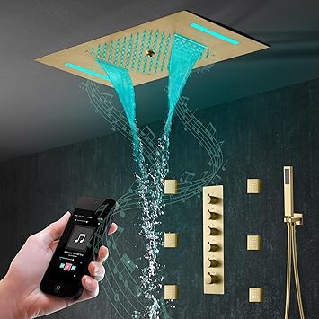 Cascada Luxury 15x23 Modern LED shower system with built-in Bluetooth Speakers,5 function Rainfall,Waterfall,Misty,body jets & HandShower Brushed Gold