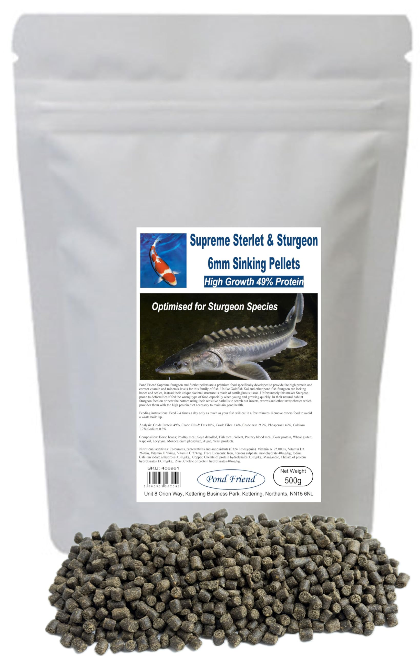 Pond Friend Supreme Sturgeon Pellets 6mm 500g - 49% High Protein Sinking Growth Food For Bottom Feeding Pond Fish